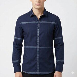Men's Modern Fit Casual Button-Down Shirt – Midnight Navy with Horizontal Accent